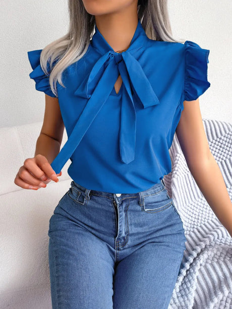 Tie  Neck Cap Sleeve Blouse - V.I.P Digital Presence