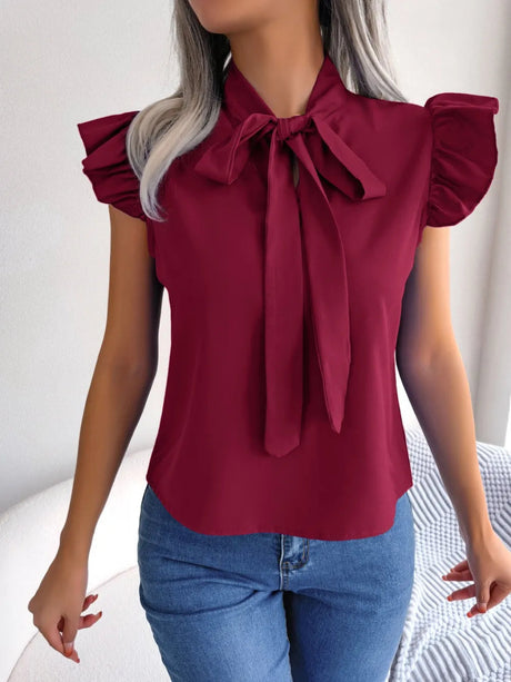 Tie  Neck Cap Sleeve Blouse - V.I.P Digital Presence