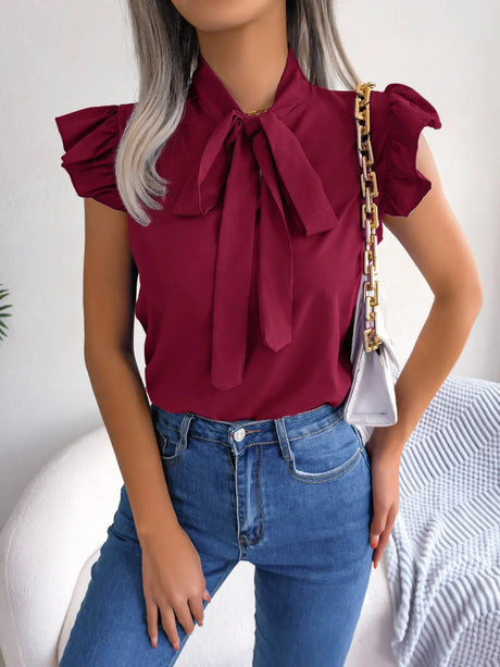 Tie  Neck Cap Sleeve Blouse - V.I.P Digital Presence