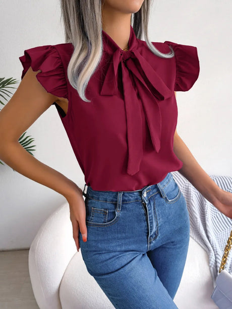 Tie  Neck Cap Sleeve Blouse - V.I.P Digital Presence
