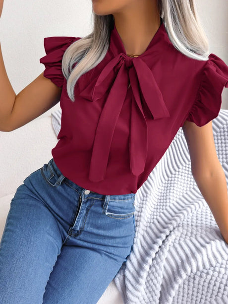 Tie  Neck Cap Sleeve Blouse - V.I.P Digital Presence