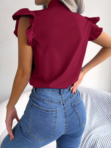 Tie  Neck Cap Sleeve Blouse - V.I.P Digital Presence