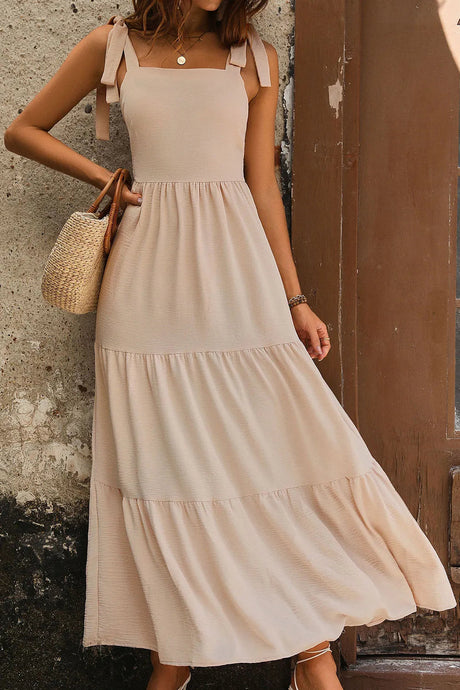 Tie Shoulder Smocked Tiered Dress - V.I.P Digital Presence