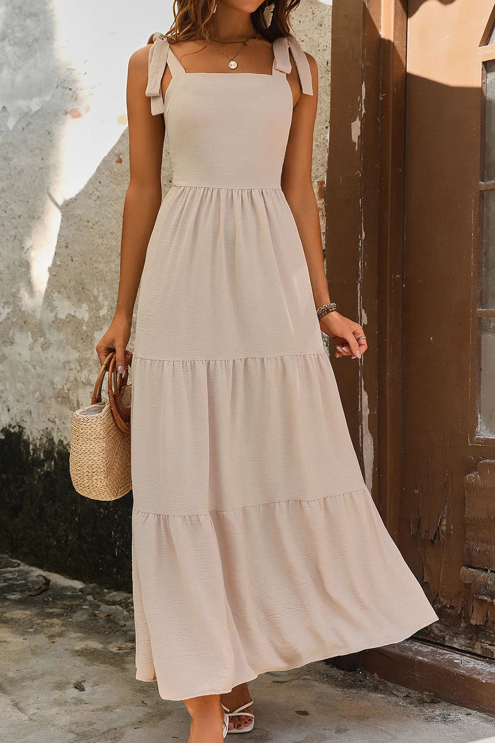 Tie Shoulder Smocked Tiered Dress - V.I.P Digital Presence