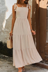 Tie Shoulder Smocked Tiered Dress - V.I.P Digital Presence