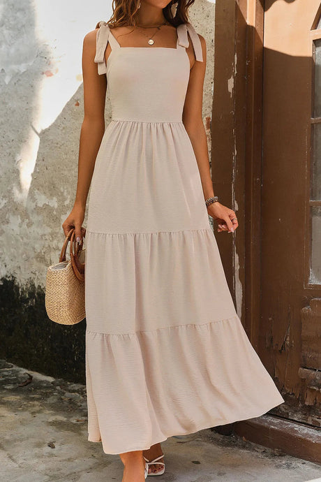 Tie Shoulder Smocked Tiered Dress - V.I.P Digital Presence