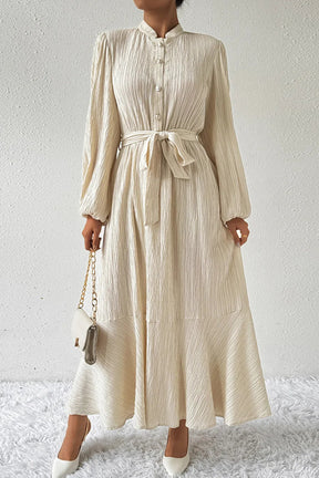 Tied Button Up Balloon Sleeve Dress - V.I.P Digital Presence