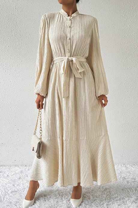 Tied Button Up Balloon Sleeve Dress - V.I.P Digital Presence