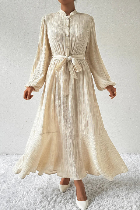 Tied Button Up Balloon Sleeve Dress - V.I.P Digital Presence