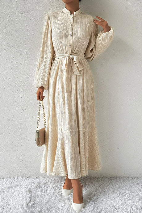 Tied Button Up Balloon Sleeve Dress - V.I.P Digital Presence