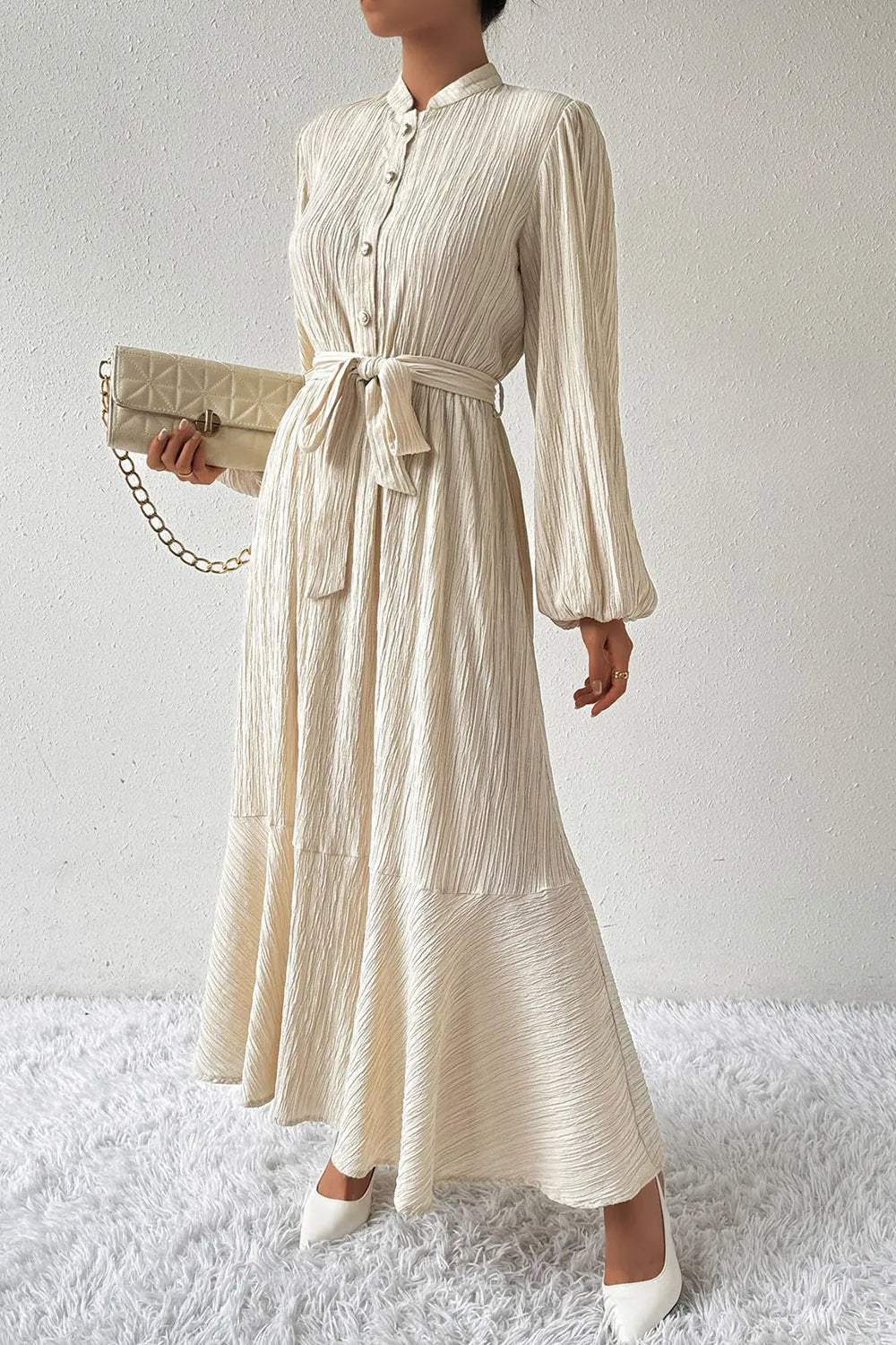Tied Button Up Balloon Sleeve Dress - V.I.P Digital Presence