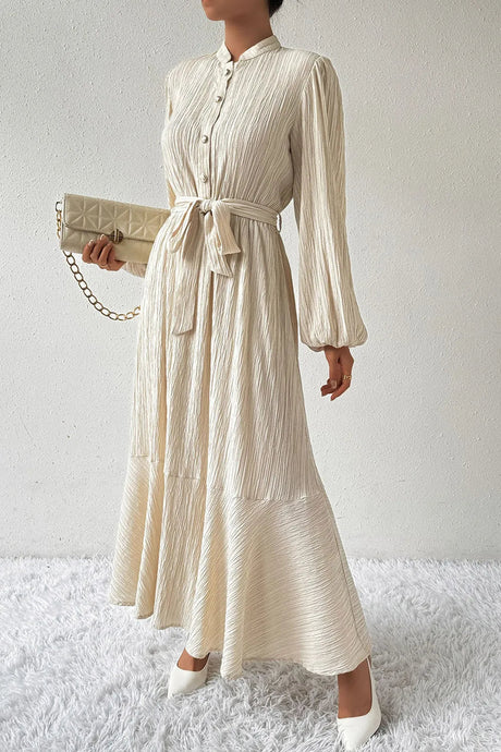 Tied Button Up Balloon Sleeve Dress - V.I.P Digital Presence