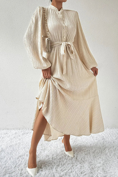 Tied Button Up Balloon Sleeve Dress - V.I.P Digital Presence