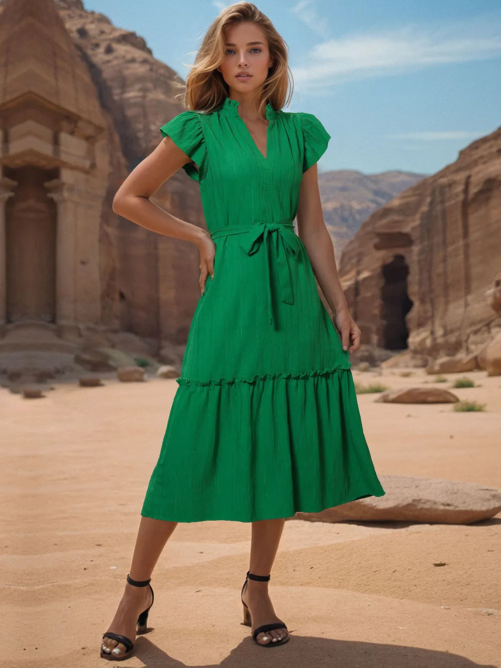 Tied Notched Cap Sleeve Dress - V.I.P Digital Presence