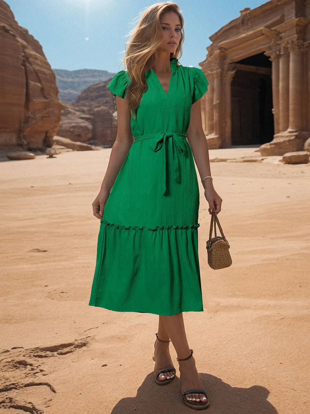 Tied Notched Cap Sleeve Dress - V.I.P Digital Presence