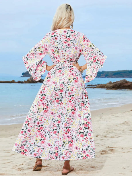 Tied Printed Three-Quarter Sleeve Midi Dress - V.I.P Digital Presence