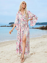 Tied Printed Three-Quarter Sleeve Midi Dress - V.I.P Digital Presence