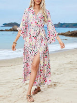 Tied Printed Three-Quarter Sleeve Midi Dress - V.I.P Digital Presence