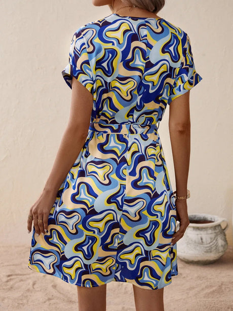 Tied Printed V-Neck Short Sleeve Dress - V.I.P Digital Presence