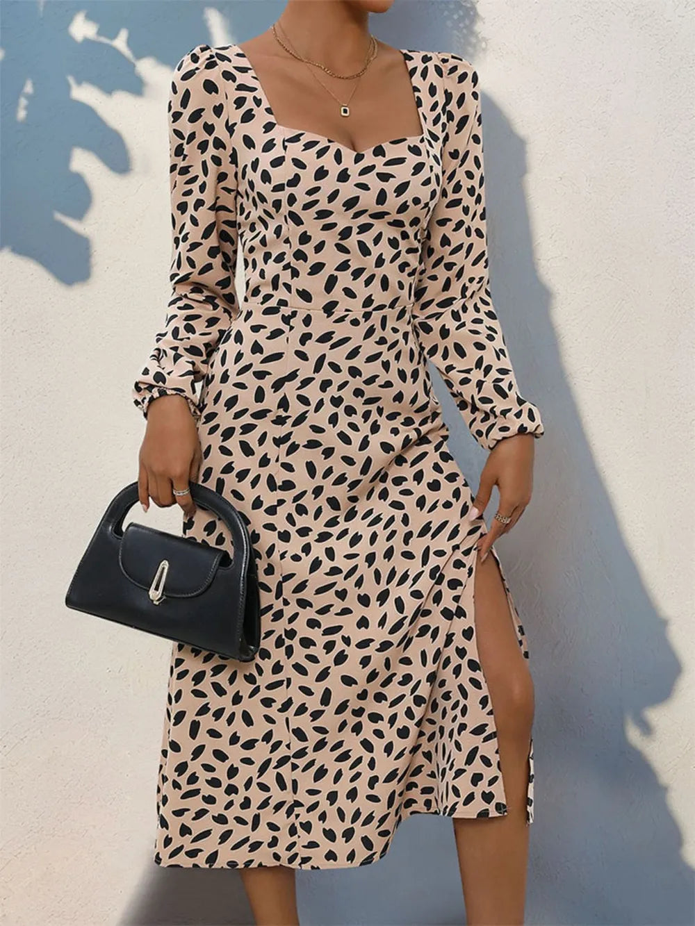 Tied Slit Printed Long Sleeve Midi Dress - V.I.P Digital Presence