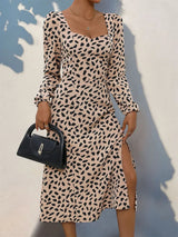 Tied Slit Printed Long Sleeve Midi Dress - V.I.P Digital Presence