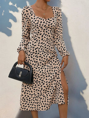 Tied Slit Printed Long Sleeve Midi Dress - V.I.P Digital Presence