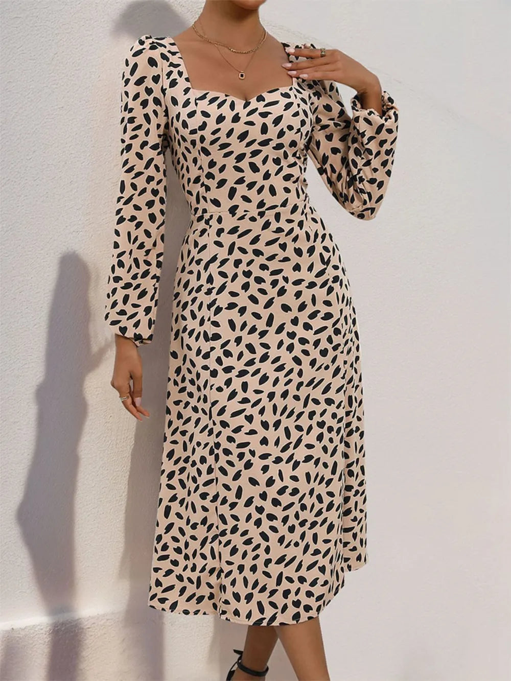 Tied Slit Printed Long Sleeve Midi Dress - V.I.P Digital Presence