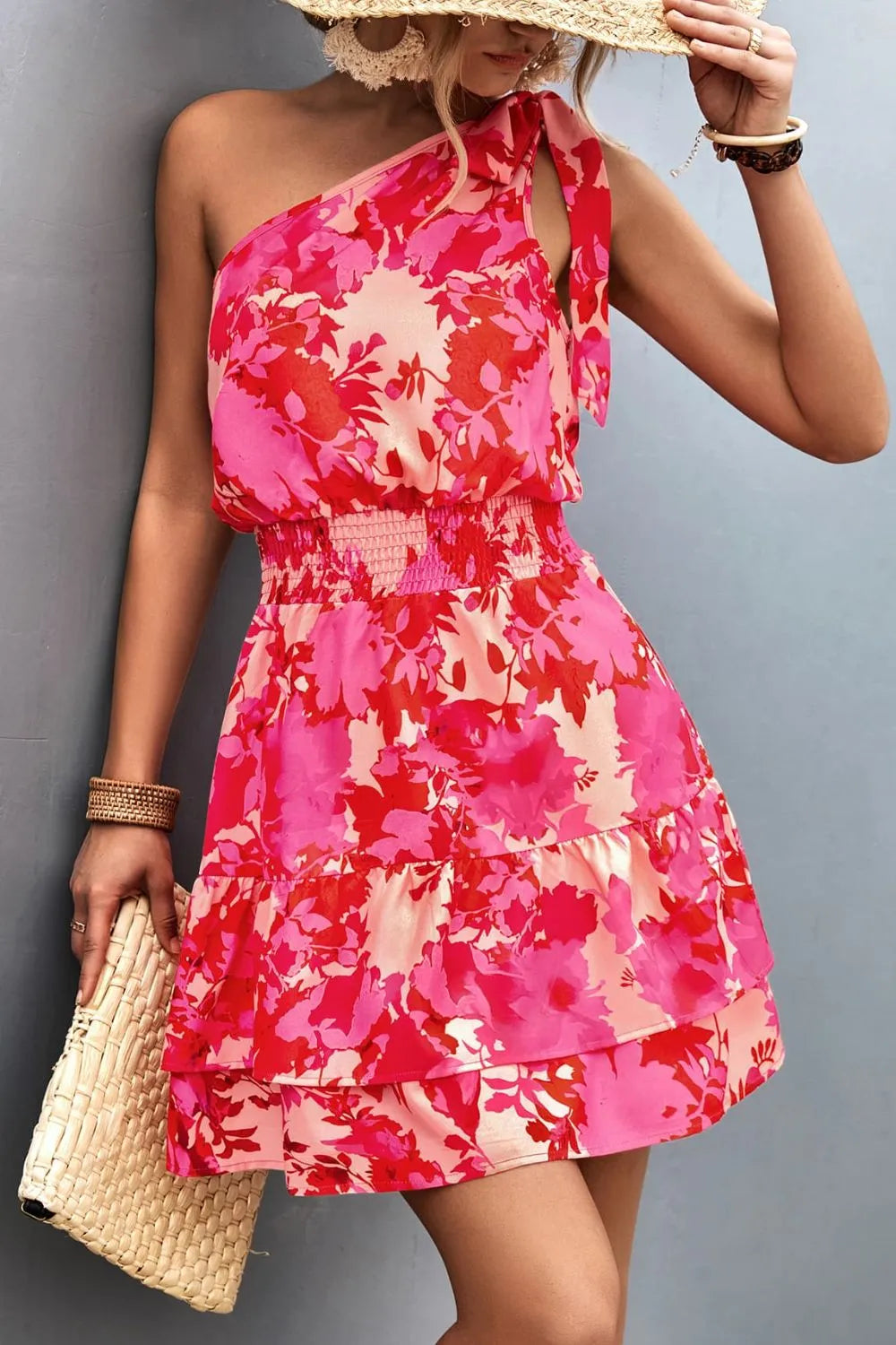 Tied Smocked Printed Single Shoulder Dress - V.I.P Digital Presence