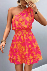 Tied Smocked Printed Single Shoulder Dress - V.I.P Digital Presence