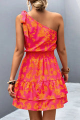Tied Smocked Printed Single Shoulder Dress - V.I.P Digital Presence