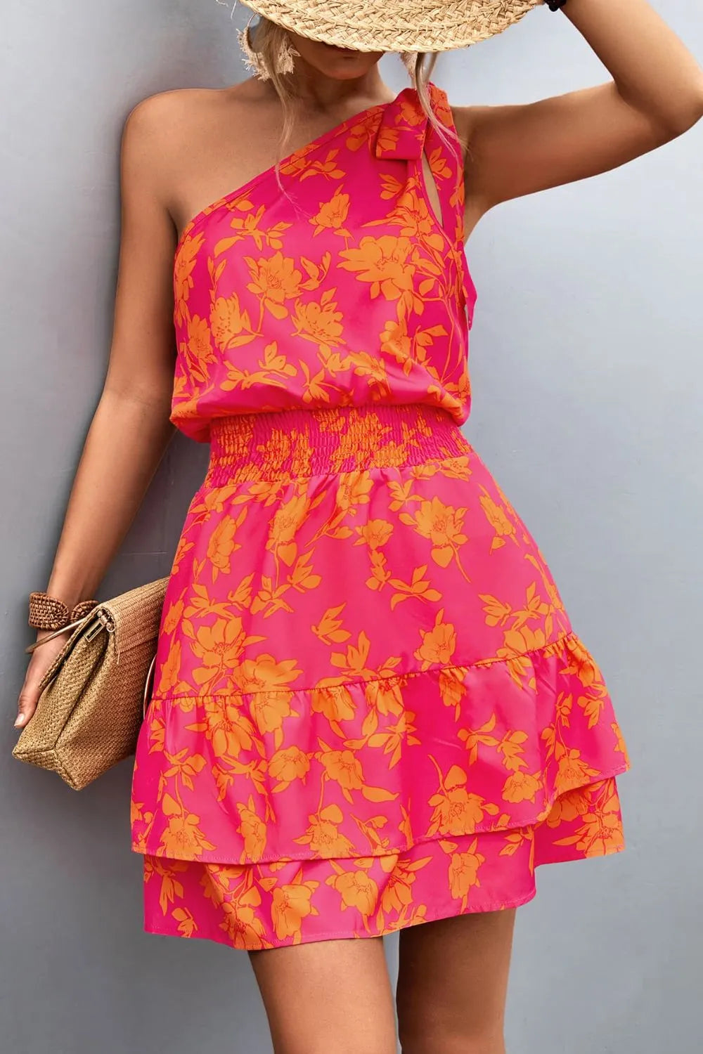 Tied Smocked Printed Single Shoulder Dress - V.I.P Digital Presence
