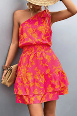 Tied Smocked Printed Single Shoulder Dress - V.I.P Digital Presence