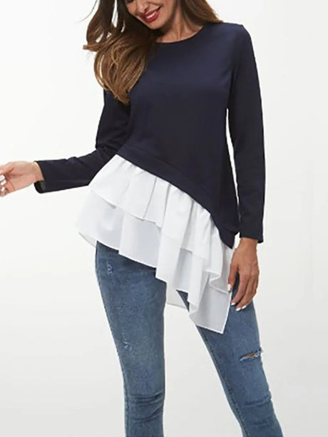 Tiered Contrast Round Neck Long Sleeve T-Shirt - V.I.P Digital Presence