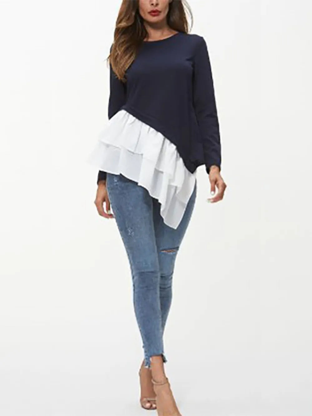 Tiered Contrast Round Neck Long Sleeve T-Shirt - V.I.P Digital Presence