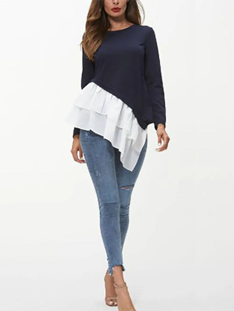 Tiered Contrast Round Neck Long Sleeve T-Shirt - V.I.P Digital Presence