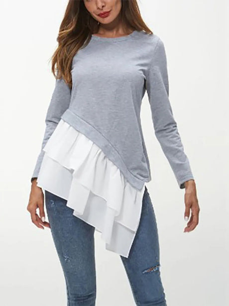 Tiered Contrast Round Neck Long Sleeve T-Shirt - V.I.P Digital Presence
