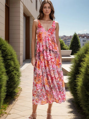Tiered Printed V-Neck Sleeveless Dress - V.I.P Digital Presence