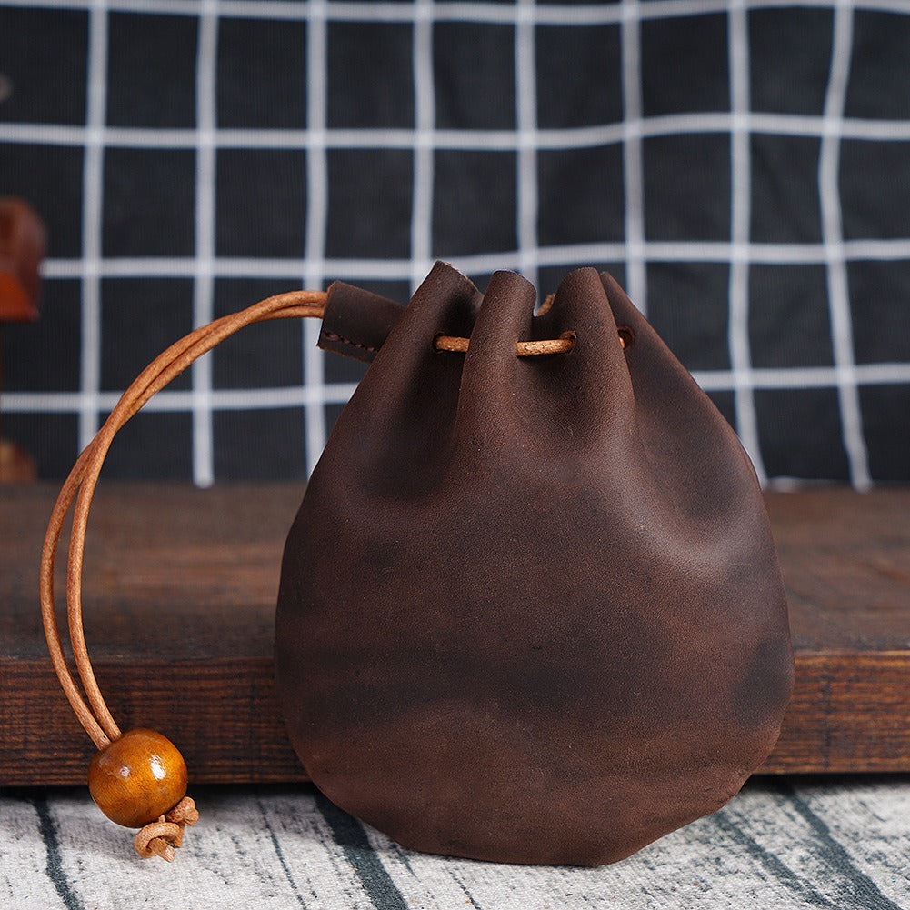 Top layer cowhide drawstring zero wallet Vintage leather coin bag Storage bag Bundle pocket bag Casual handheld small wallet - V.I.P Digital Presence
