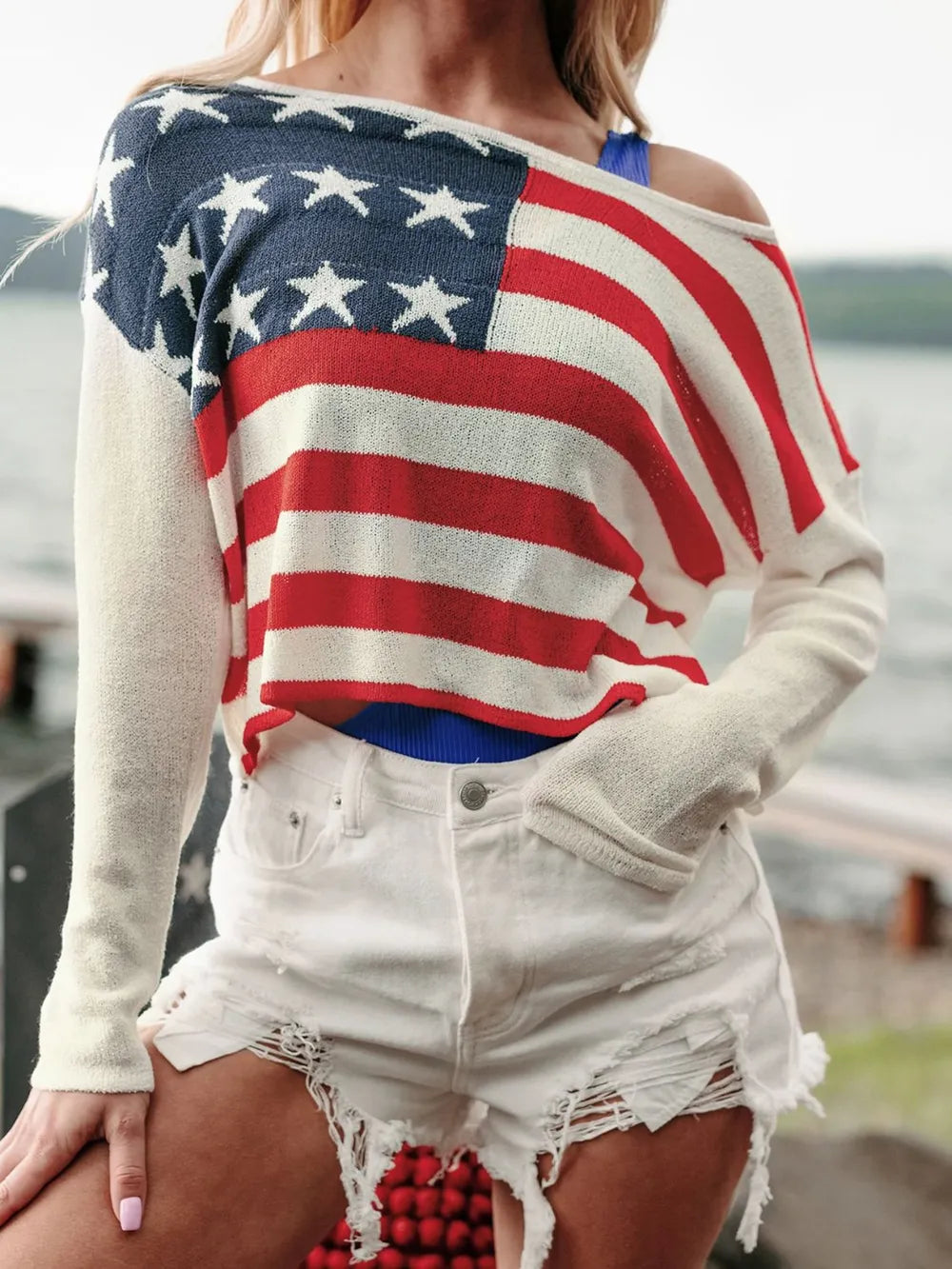 US Flag Boat Neck Long Sleeve Knit Top - V.I.P Digital Presence