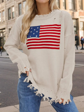 US Flag Distressed Round Neck Long Sleeve Sweater - V.I.P Digital Presence