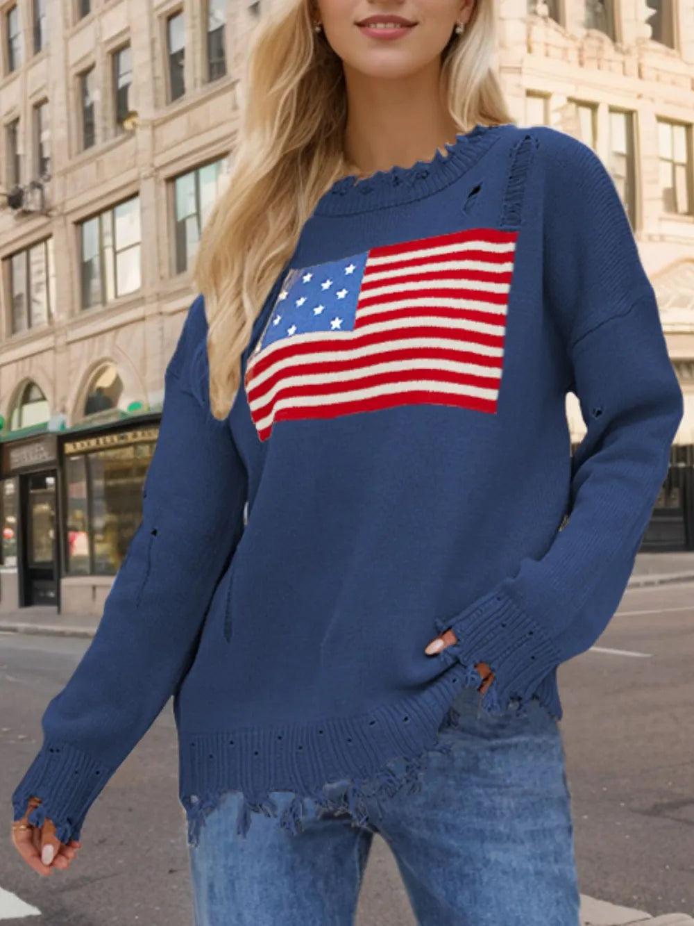 US Flag Distressed Round Neck Long Sleeve Sweater - V.I.P Digital Presence
