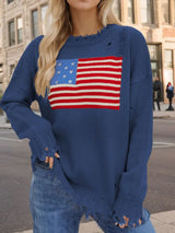 US Flag Distressed Round Neck Long Sleeve Sweater - V.I.P Digital Presence