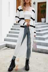 V-neck black and white striped knitted cardigan for women - V.I.P Digital Presence