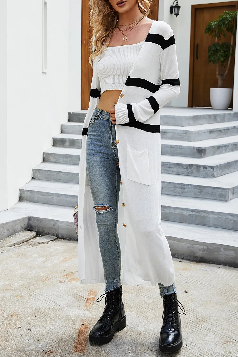 V-neck black and white striped knitted cardigan for women - V.I.P Digital Presence