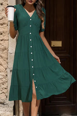 V-Neck Button Up Balloon Sleeve Midi Dress - V.I.P Digital Presence