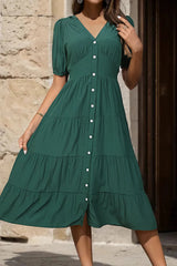 V-Neck Button Up Balloon Sleeve Midi Dress - V.I.P Digital Presence