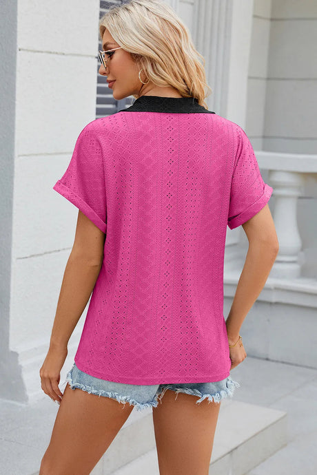 V-neck contrasting short sleeved loose T-shirt top for women - V.I.P Digital Presence