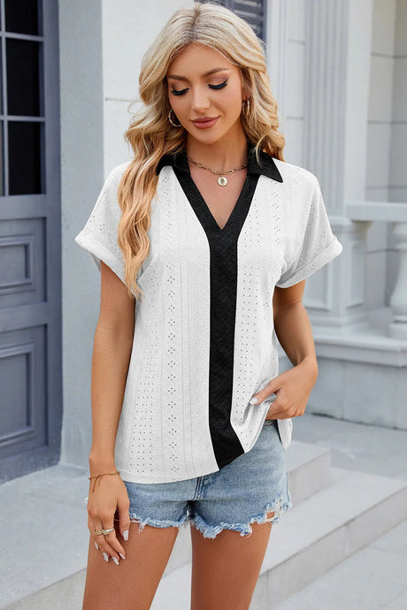 V-neck contrasting short sleeved loose T-shirt top for women - V.I.P Digital Presence