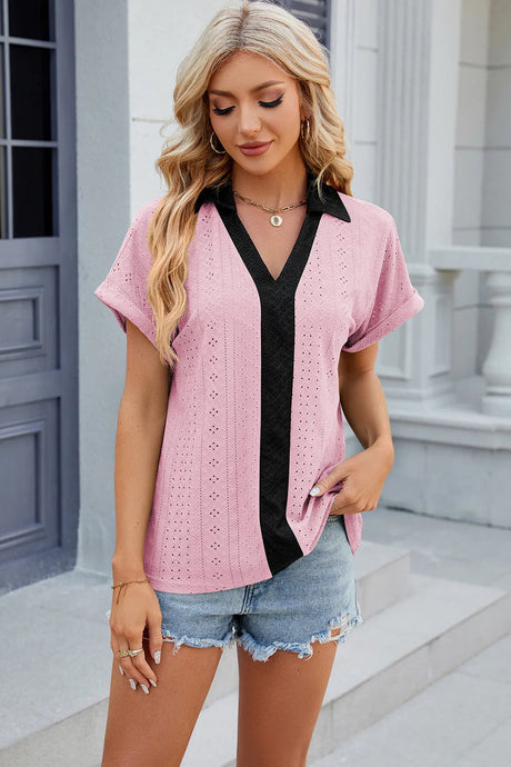 V-neck contrasting short sleeved loose T-shirt top for women - V.I.P Digital Presence