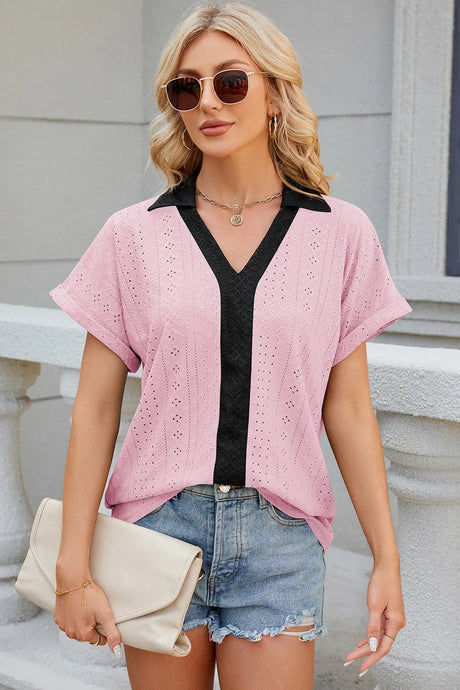 V-neck contrasting short sleeved loose T-shirt top for women - V.I.P Digital Presence